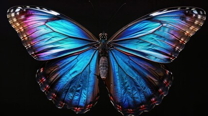  mesmerizing portrait of a blue  butterfly, its iridescent wings displaying a kaleidoscope of colors, capturing the beauty of nature's artistry. 