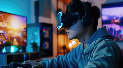Young male gamer using VR glasses with headphones to play video game in computer at room, Concept of E-sports and Pro Cybersport.