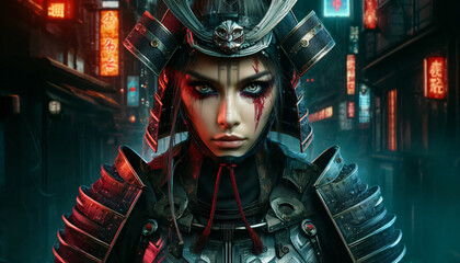 a female cyberpunk warrior. She should have an intense and fierce expression