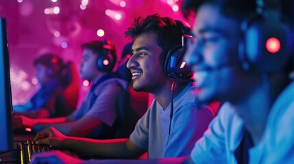 Multiple people enjoying video games together with headsets in cybersports club.