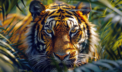 A close-up of a tiger's face with sharp eyes among green leaves. Generate AI