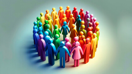 Colorful figures of people of all skin colors holding hands, inclusive business thinking values dignity and respect for all people.