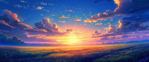 Obraz premium Witness The Breathtaking Beauty Of A Field Sunrise Against A Backdrop Of Azure Blue Sky, Background HD For Designer 