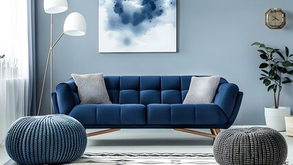Modern living room with dark blue sofa and two knitted poufs. Concept Living Room Decor, Dark Blue Sofa, Knitted Poufs, Modern Style, Interior Design