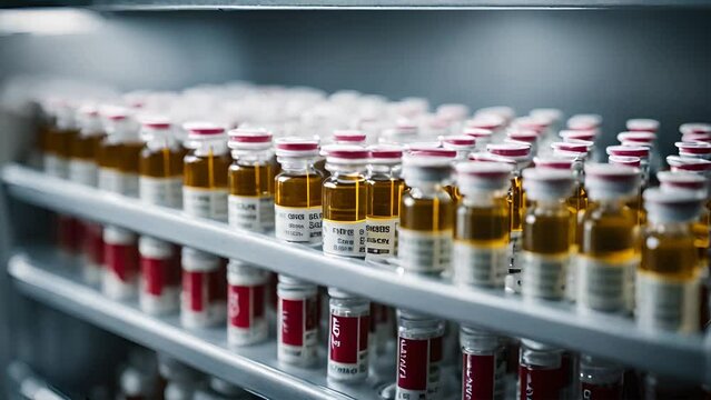 Vaccine bottles in fridge seamless video loop