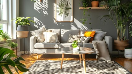 Gray walls, sofa, table, plants, and sunlight create a cozy living room. Concept Cozy Living Room, Gray Walls, Sunlight, Home Decor, Indoor Plants