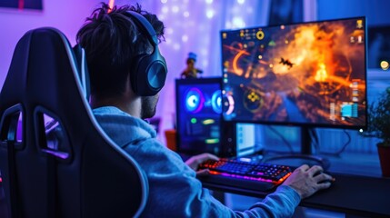 Back View Shot of Young Male Gamer Playing Online Video Game in His Personal Computer at Room Surrounded by Neon Lights, Concept of E-sports and Cybersport.
