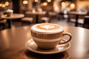 Coffee latte a cup on wooden table with blurry background. Generative Ai