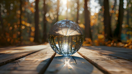 a crystal ball on a wooden floor with blurred background