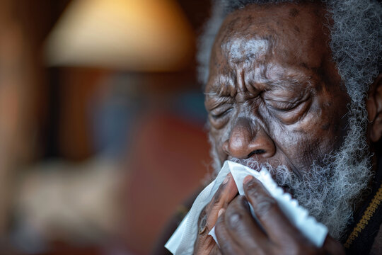 An elderly man with a visible grimace, suggesting discomfort, is holding a handkerchief against his nose, possibly symptomatic of a cold