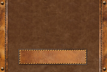 Horizontal or vertical leather background of brown colors and decorative belt with braided edging and metal rivets. Decorative backdrop with cowhide texture and braided edge. Copy space for text