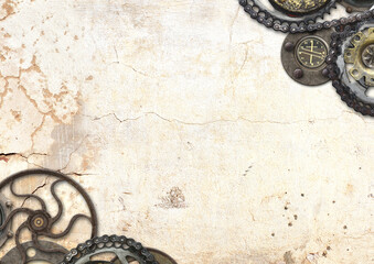 Horizontal banner with metallic vintage details, gears and retro rivets on stucco texture of beige...