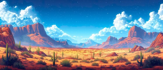 Desert Valley With Growing Cacti From The Wild West Era.  Generative AI	
