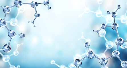 Horizontal banner with model of abstract molecular structure. Background of blue color with glass atom model. Copy space for your text. 3d render