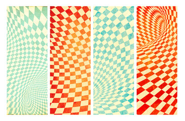 Set of retro background with texture of old paper and checkered pattern of blue, red and yellow...