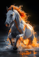 Horse Running Along The River.  Illustration On The Theme Of Nature And Animals. Generative AI	
