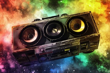 Cosmic Boombox with Colorful Nebula Background