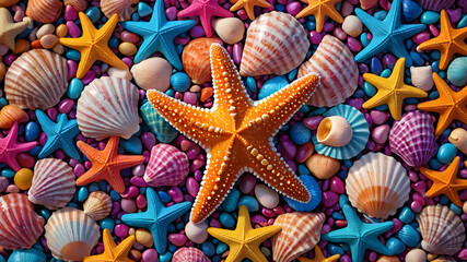background of starfish and shells. multicolored colorful seashells and starfish. summer holiday vacation concept