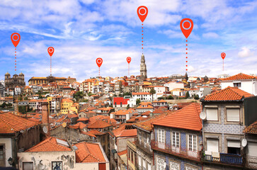 Network connection concept. Aerial view on old part of Ribeira in Porto, Portugal with location pin. Global positioning system pin map. Map pins with top view on Porto, Portugal
