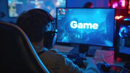 Concept of E-sports and Cybersport, Back View Shot of Young Male Gamer Wearing Headphones While Sitting in Front of Personal Computer with words Game on Display at Room.