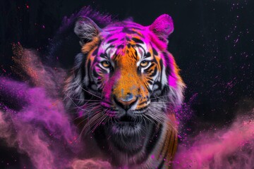 Enigmatic Tiger Profile Enhanced by a Dynamic Explosion of Cosmic Dust in Shades of Orange, Pink, and Blue

