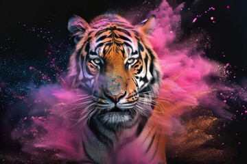 Vibrant and Colorful Tiger Portrait with Explosive Cosmic Paint Splatters Against a Dark Background

