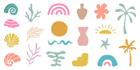 Retro Groovy Surf Club in trendy Boho style. Naive Geometric Summer Palm Tree. Simple background of sun sea. Retro Summer Beach Hand Drawn isolated illustration. Vintage Surf Club. Vector illustration