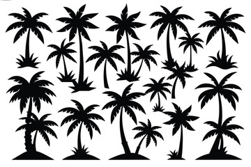 Set of coconut tree black Silhouette Design with white Background and Vector Illustration