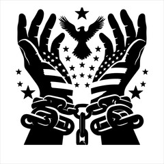 A pair of hands chained to a chain with the text words freedom. Freedom vector illustration.
