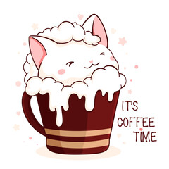 Lovely little cat in cup. Square card with cute animal in cup in kawaii style. Inscription It's coffee time. Can be used for t-shirt print, stickers, greeting card design. Vector illustration EPS8