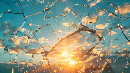 Broken glass with sun rays on sky background