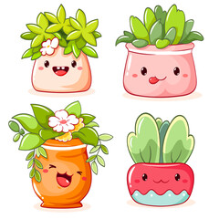 Cute cartoon plants in flowerpot. Plant in kawaii style in flower pot. Home garden, hobby and leisure concept. Gardening and floriculture. Vector illustration EPS8