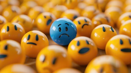 Sad emoji among many happy emojis, AI generated Image