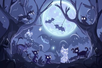 Cartoon cute doodles of a full moon illuminating the night, with mischievous werewolves and friendly nocturnal creatures roaming about.Generative AI