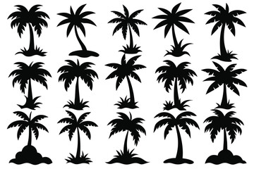 Set of coconut tree black Silhouette Design with white Background and Vector Illustration