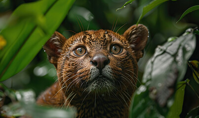 An alert wildcat with striking eyes peers through lush green leaves. Generate AI