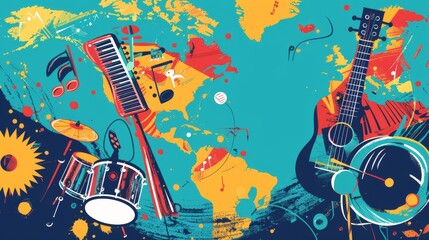 Painting of Musical Instruments on Blue Background