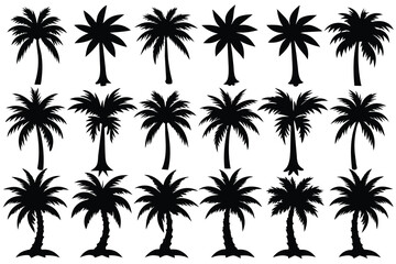 Set of coconut tree black Silhouette Design with white Background and Vector Illustration