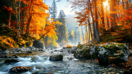 Colorful autumn forest and mountain stream
