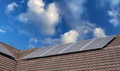 Solar panels on roofs with blue sky, Houses with solar panels, Modern eco green house concepts