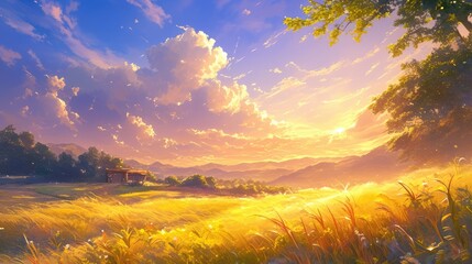 Cartoon illustration of the sun over a beautiful field, AI generated Image