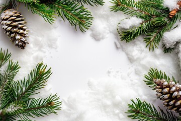 White background with snow and pine branches with space for text in the center of frame. Christmas card concept. New Year composition. Winter holidays. Decoration. Copy space. Spruce. Strobile, cone