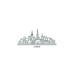 Lodz cityscape skyline city panorama vector flat modern logo icon. Poland town emblem idea with landmarks and building silhouettes. Isolated thin line black graphic