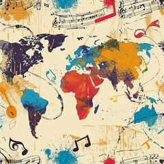World Map Covered in Musical Notes