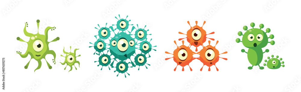 Poster bacteria and microbes characters with funny smiling faces vector set