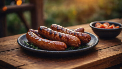 Rustic Charm, Grilled Homemade Sausages on a Wooden Table