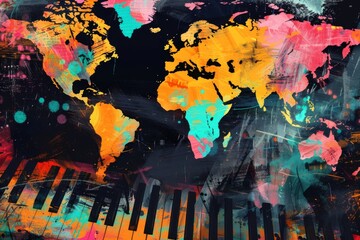 World Map Painting on Black Background