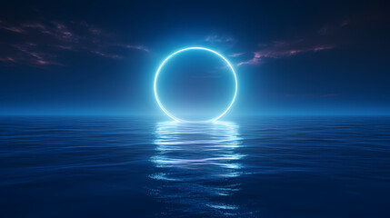 Glowing blue neon ring floating on water