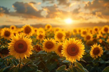 Sunrise over vast fields of sunflowers turning towards the morning sun. AI generated.