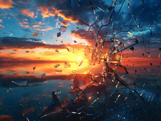shattered glass breaking, with sun setting in background